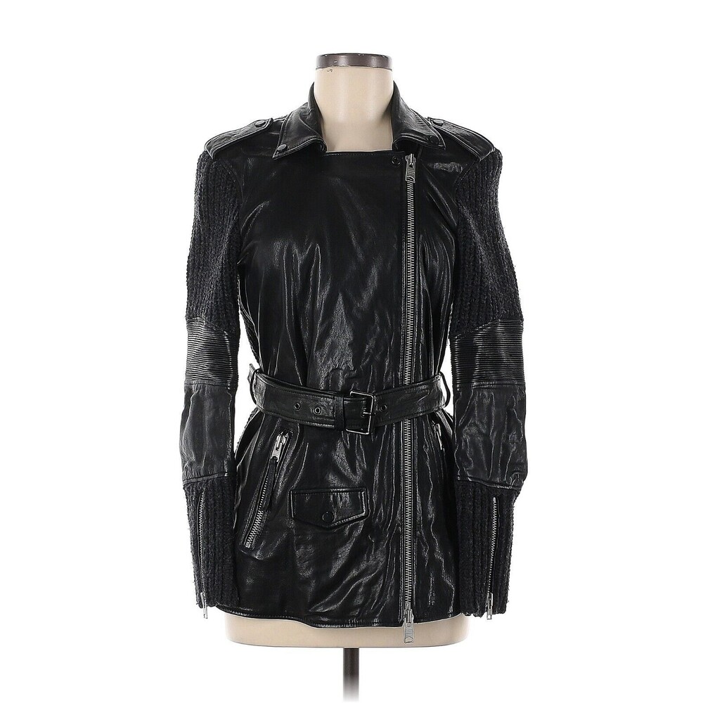 All Saints Denell Oversized Biker Jacket Black Leather Knit Moto 6